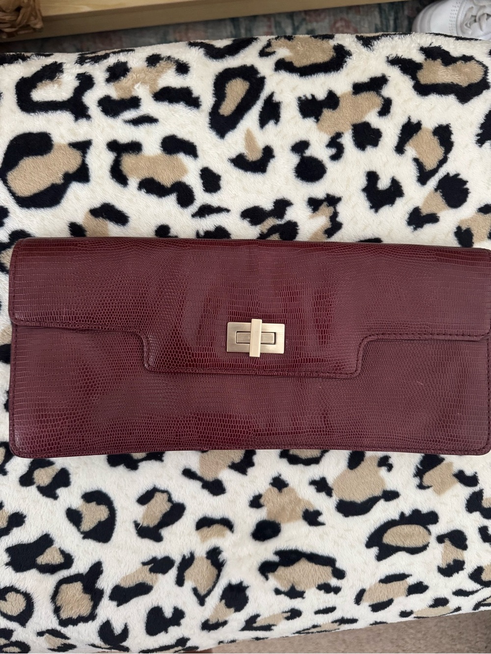 Burgundy Leather Clutch with Gold-Tone Turnlock